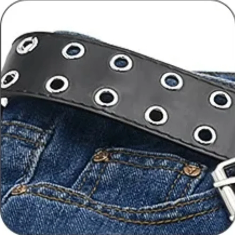 Black Belt Double Grommet Faux Leather Punk Belt for Women & Men, Small 39